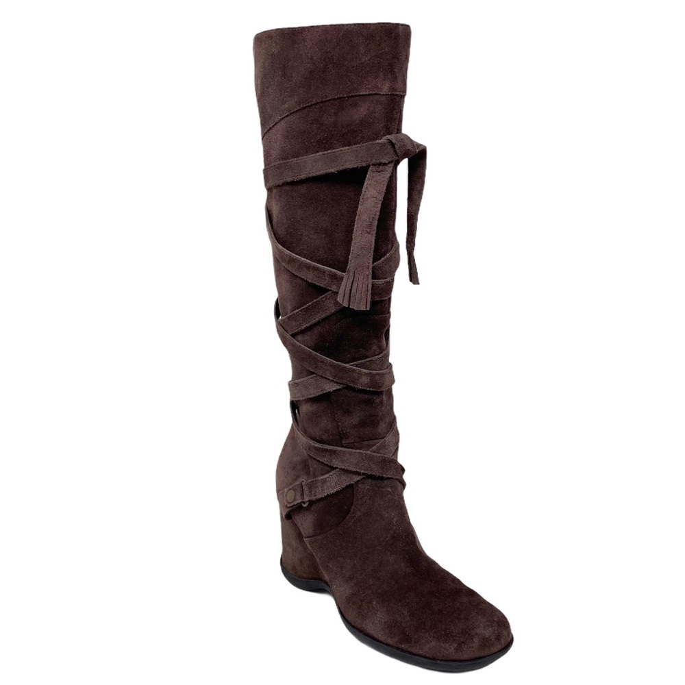 me too Dark Brown Suede Knee-High Wedge Boots with Wrap Tie